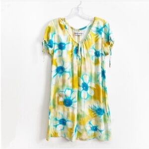 Jams World Ivory Floral dress yellow blue watercolor vintage tie neck